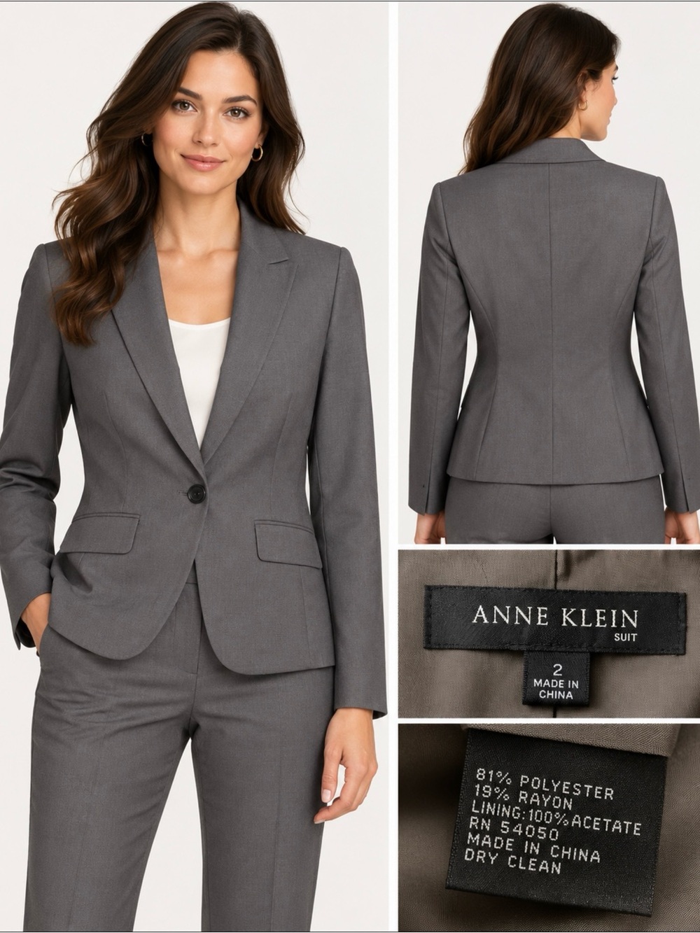 Anne Klein Women’s Gray One Button Blazer Size 2 Career Suit Jacket